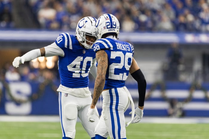 Dec 31, 2023; Indianapolis, Indiana, USA; Indianapolis Colts cornerback JuJu Brents (29) celebrates his pass break up with cornerback Jaylon Jones (40) in the first quarter against the Las Vegas Raiders at Lucas Oil Stadium.